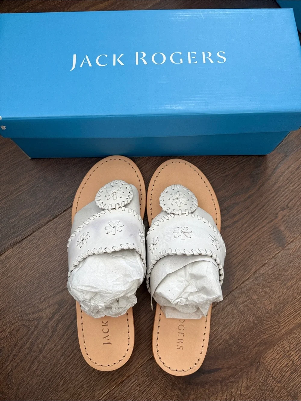 Jack Rogers Girls White Leather Slide Sandals with Floral Medallions